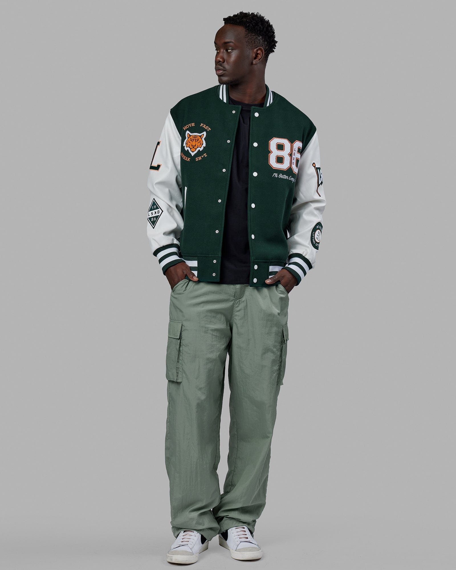 Green varsity hotsell bomber jacket