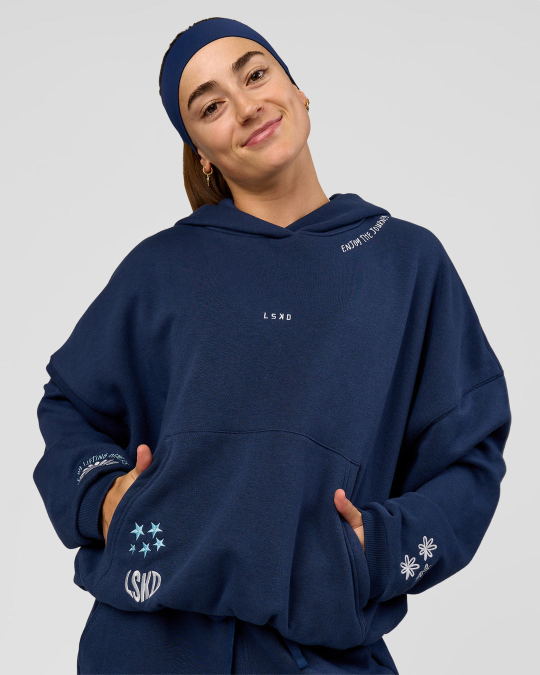 Woman wearing Zola Oversized Hoodie - Future Navy | Model:Grace | Size:M