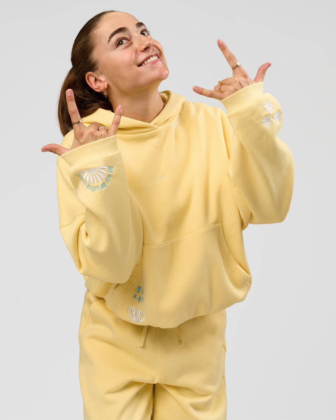 Woman wearing Zola Oversized Hoodie - Lemon | Model:Grace | Size:M