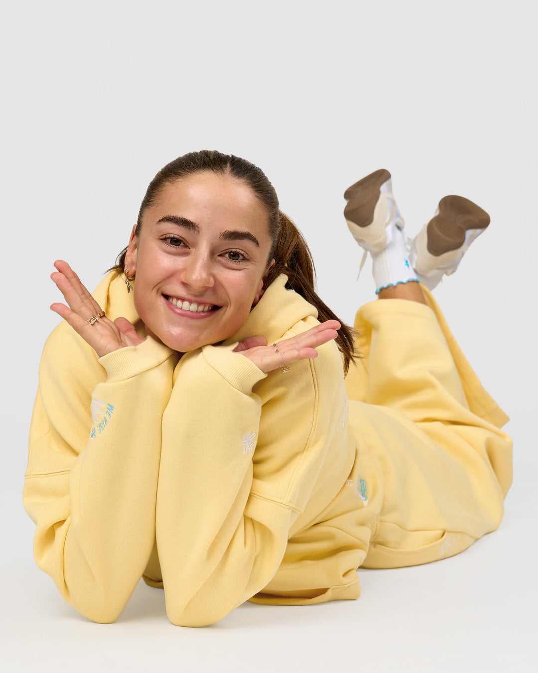 Woman wearing Zola Oversized Hoodie - Lemon | Model:Grace | Size:M
