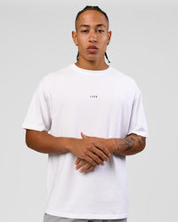Man wearing Woman wearing Run Like The Wind FLXCotton Oversized Tee - White-Future Navy | Model:Malebo | Size:M