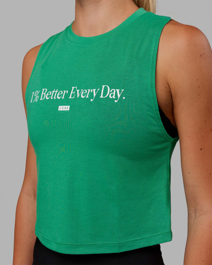 Woman wearing 1% Better Training Tank - Holly Green-White