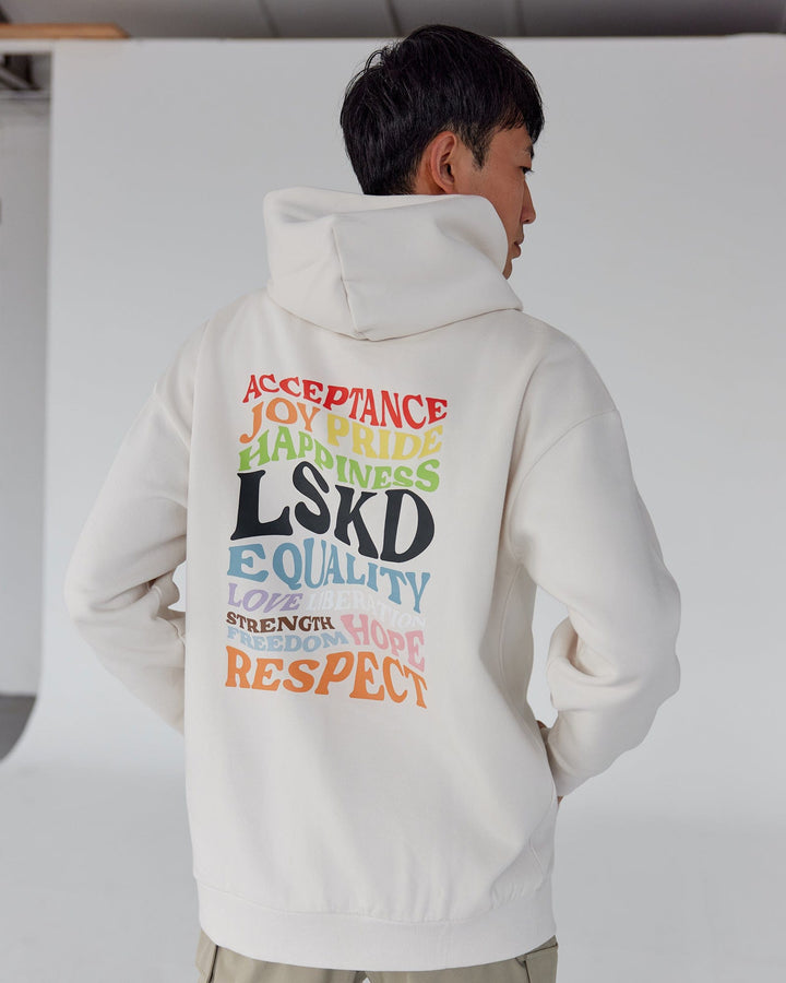 Man wearing Unisex Amplify Hoodie Oversize - Pride-Off White