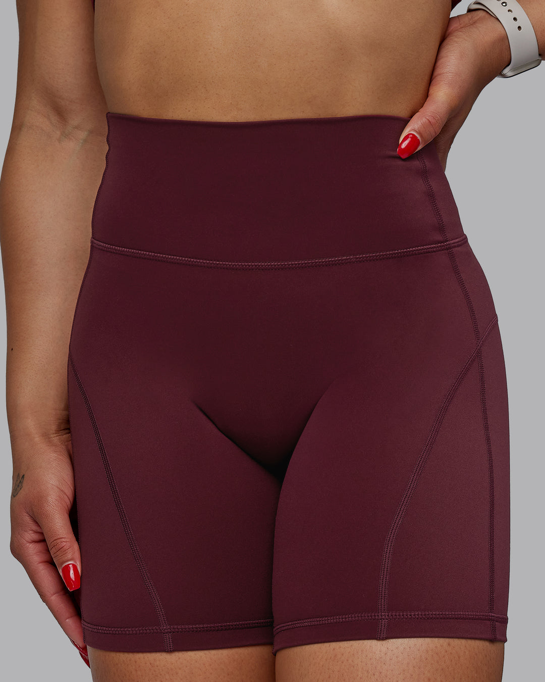 Woman wearing Bend Ultra High-Rise 6" Short - Dark Cherry