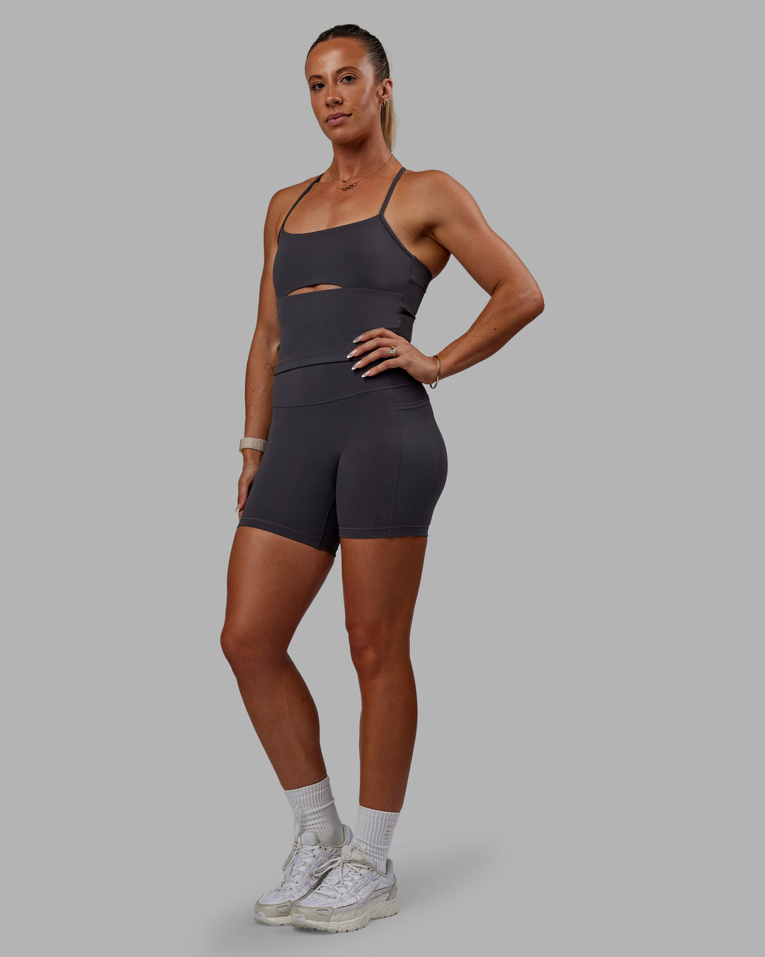 Woman wearing Bree Masters Fusion Ultra High-Rise 6" Short Pockets - Stormy