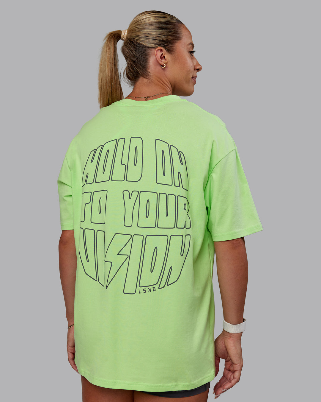 Woman wearing Bree Masters Unisex Vision FLXCotton Tee Oversize - Pastel Lime-Stormy