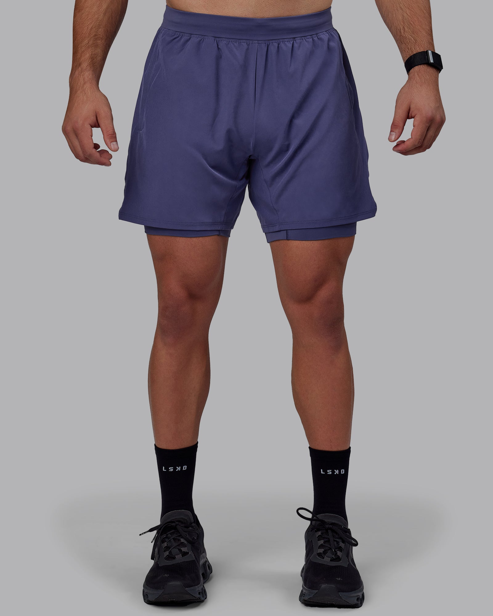 Man wearing Challenger 6" Lined Performance Shorts - Future Dusk