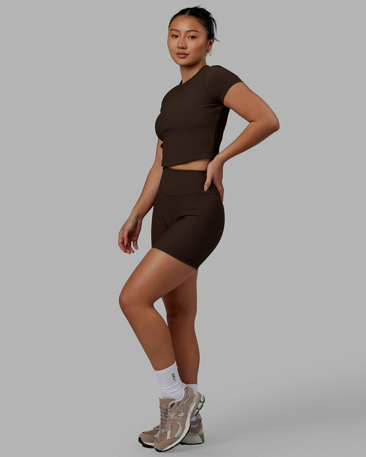 Woman wearing Creator Ribbed Mid Shorts - Dark Chocolate