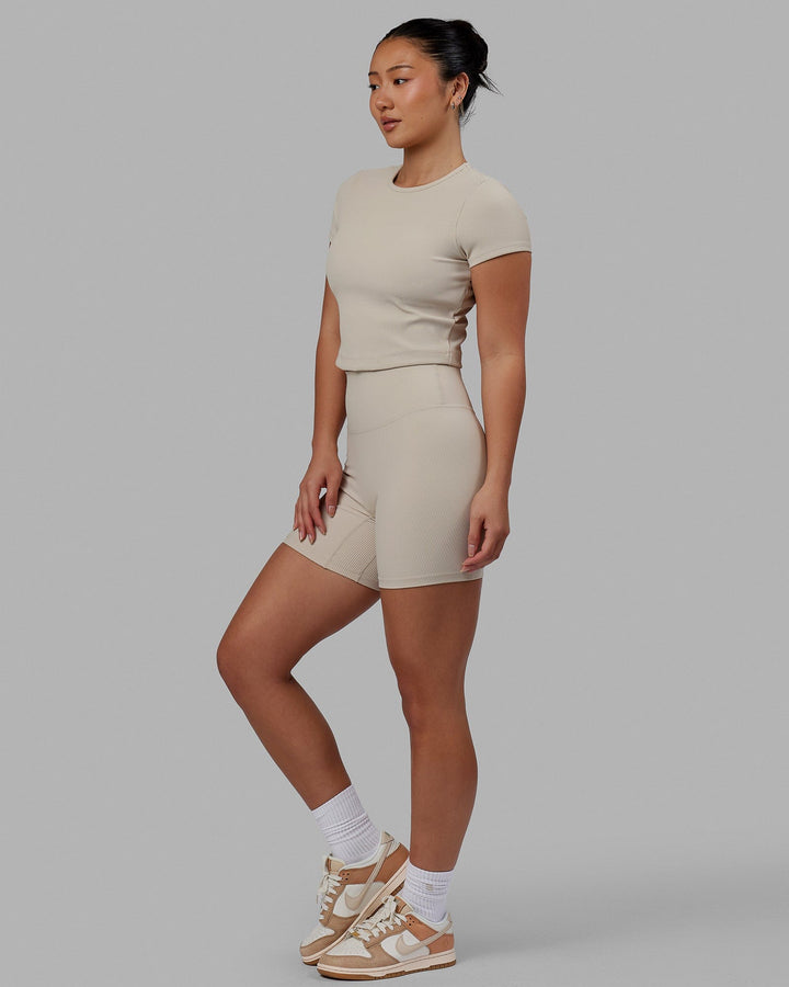 Woman wearing Creator Ribbed Tee - Shale Beige