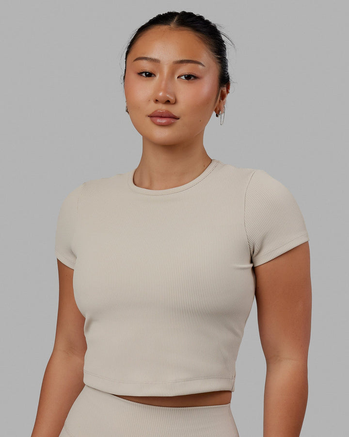 Woman wearing Creator Ribbed Tee - Shale Beige