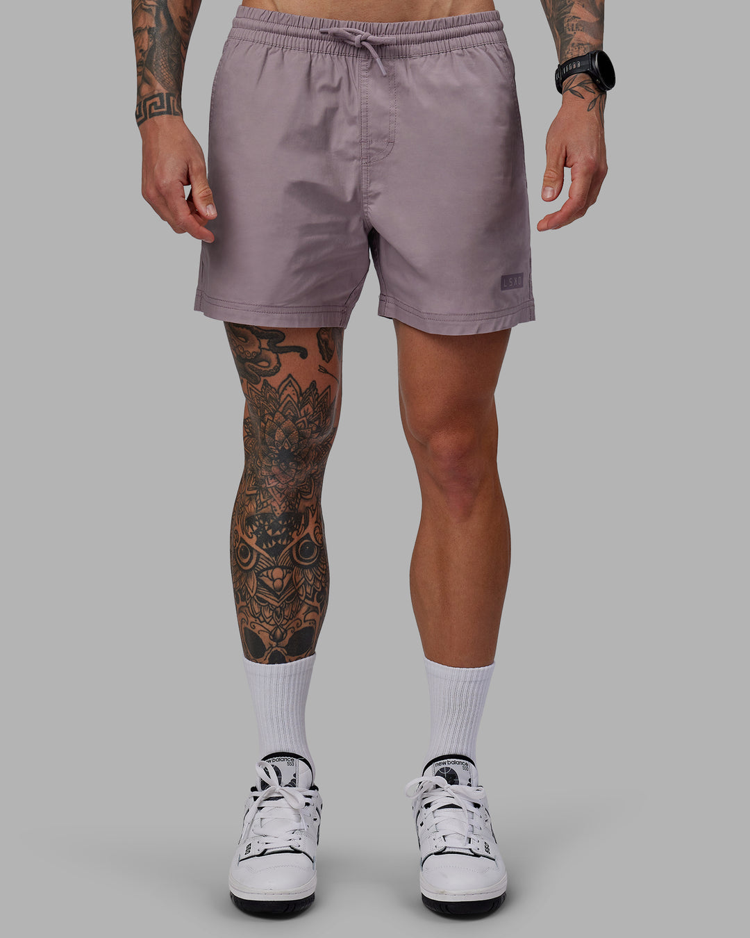 Man wearing Daily 5" Shorts - Grey Purple