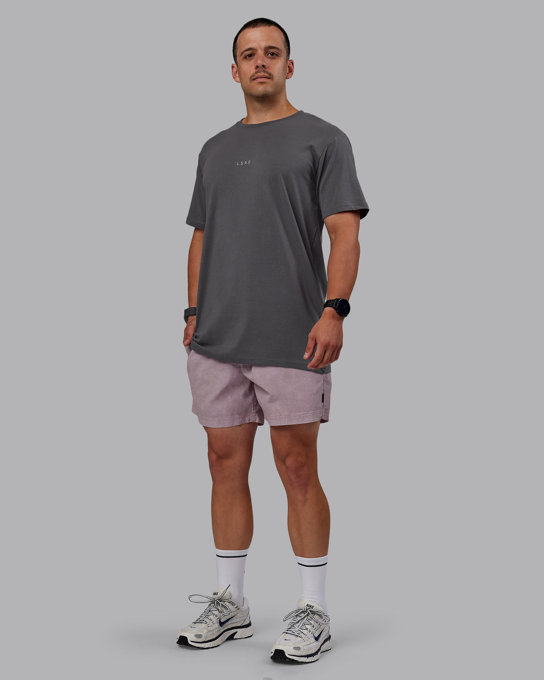 Man wearing Washed Daily 5&quot; Shorts - Greyish Purple