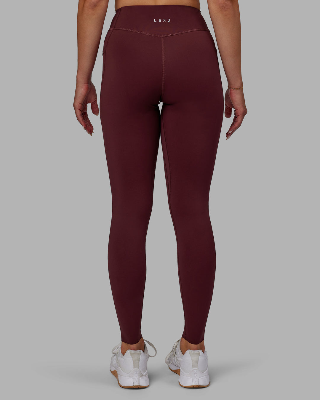 Woman wearing Elite High-Rise Full Length Legging Pockets - Dark Cherry