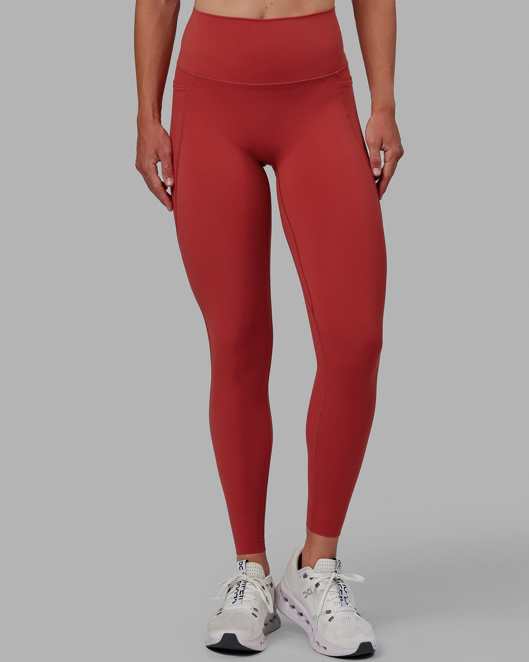 Woman wearing Elixir Full Length Tights With Pockets - Cardinal