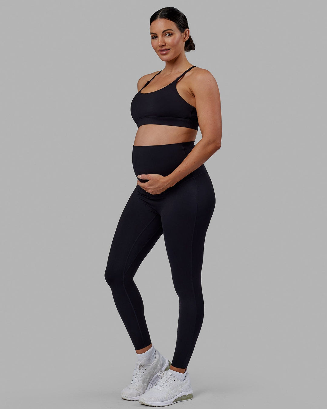 Woman wearing Elixir Ultra High-Rise Maternity Full Length Legging - Black | Model:Amanda | Size:S