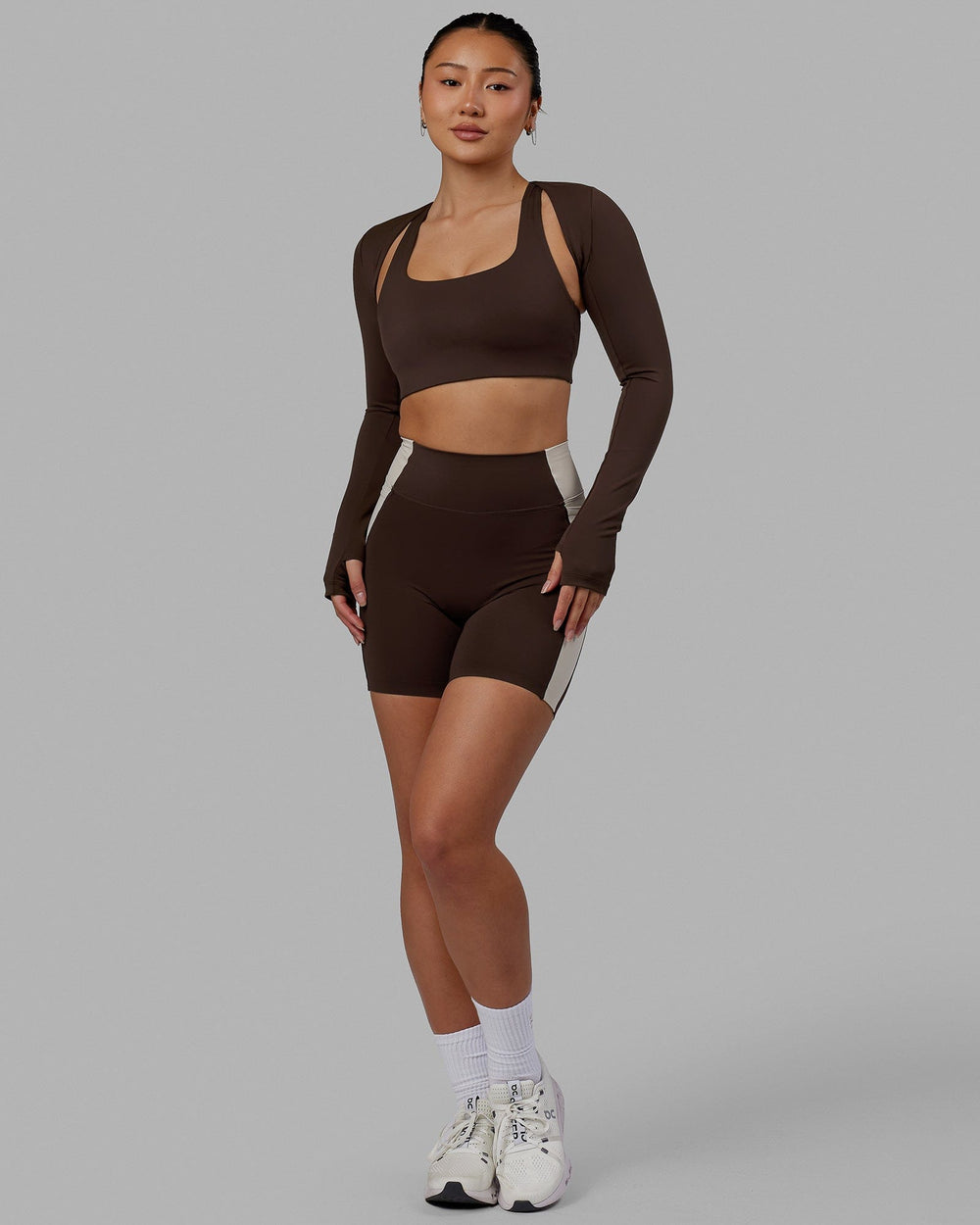 Woman wearing Energy LS Bolero - Dark Chocolate