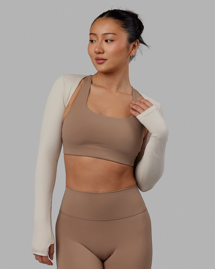 Woman wearing Energy LS Bolero - Shale Beige