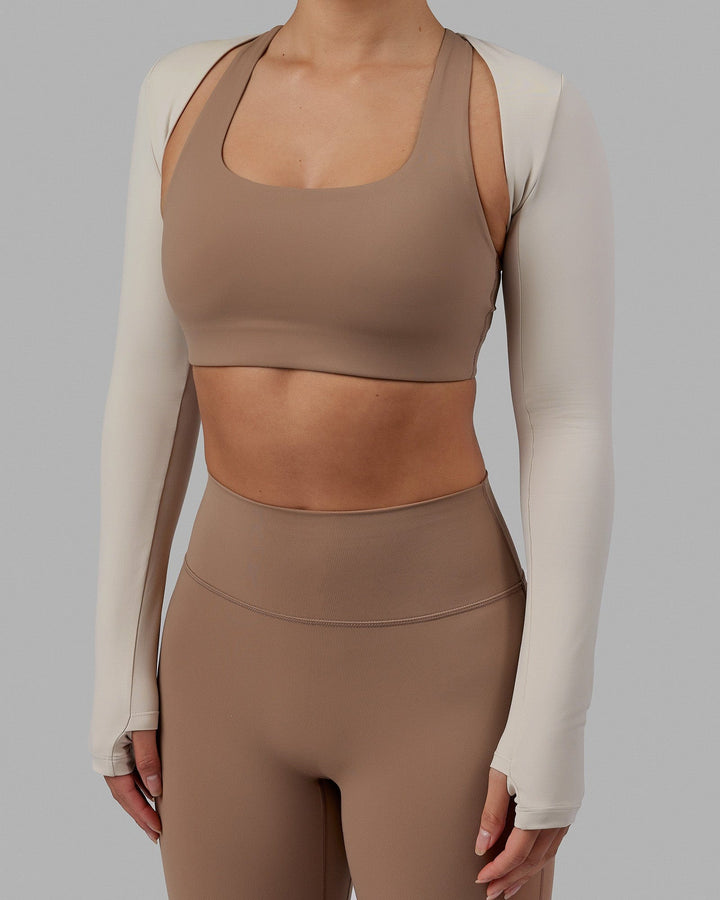 Woman wearing Energy LS Bolero - Shale Beige