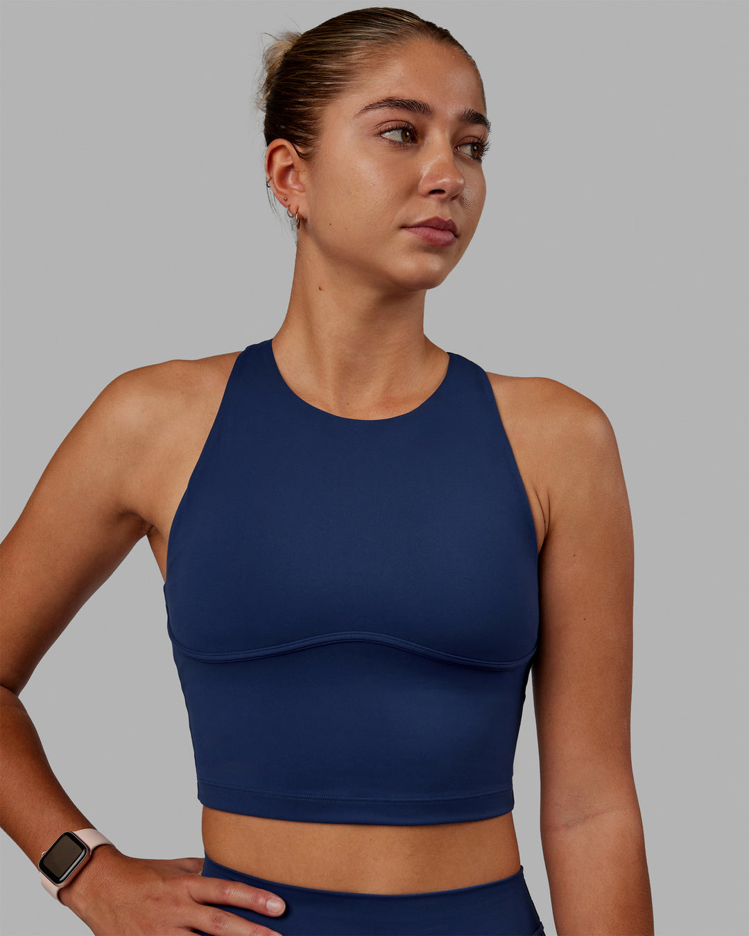 Woman wearing Enhance Shelf Bra Tank - Midnight Blue
