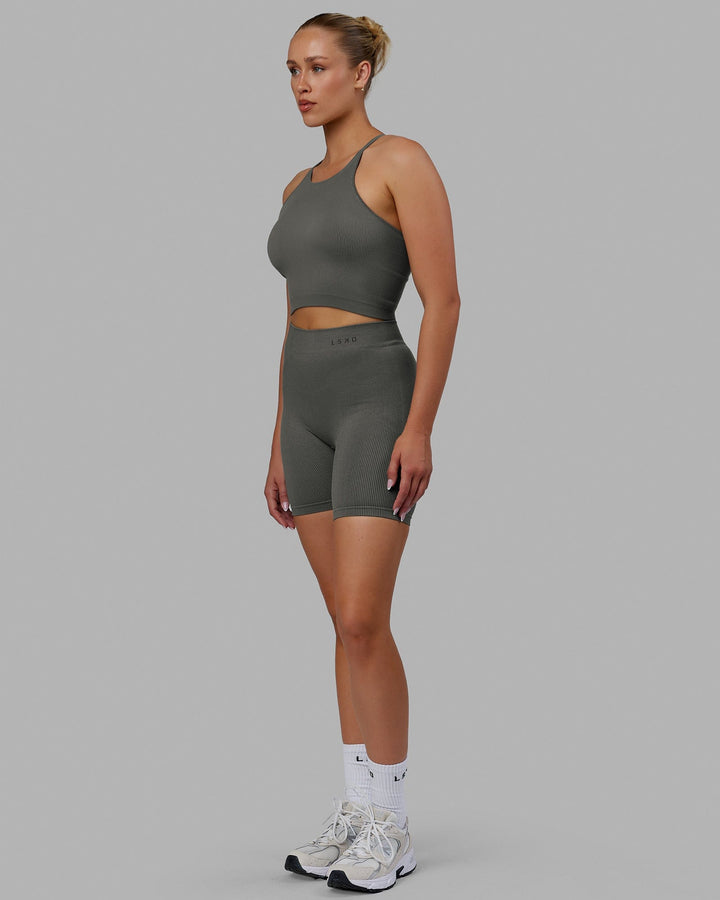 Woman wearing Essential Seamless Rib Bike Short - Graphite