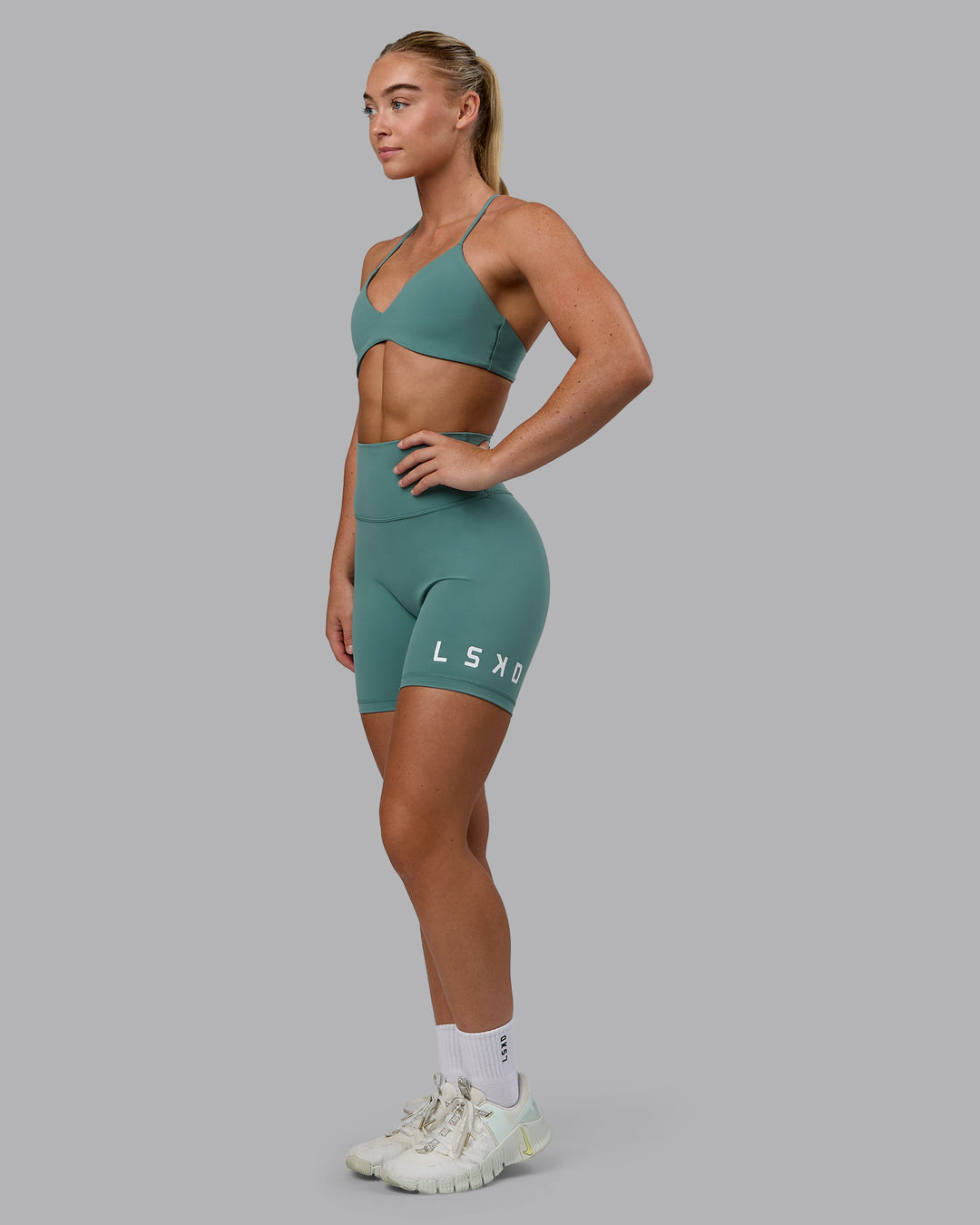 Woman wearing Evolved Ultra High-Rise 6" Short - Sagebrush-White