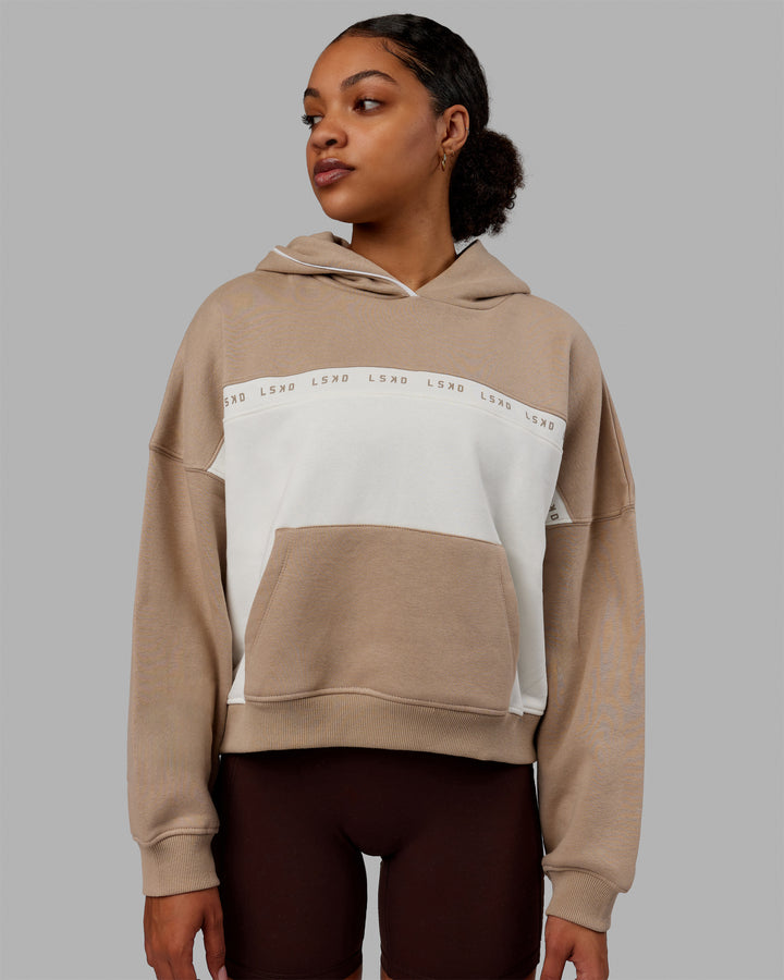 Woman wearing Extend Hoodie - Taupe-White
