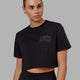 Woman wearing Finish Line Cropped Tee - Black-Power Cobalt