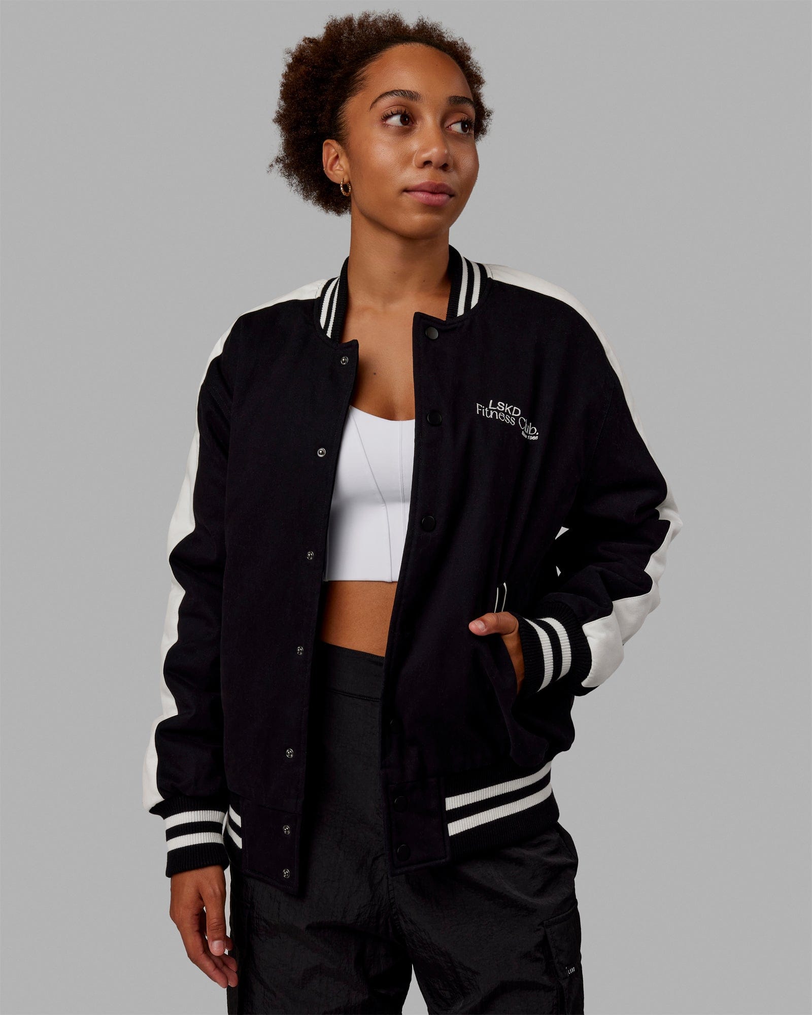 Unisex Fitness Club Bomber Jacket Black Off White LSKD