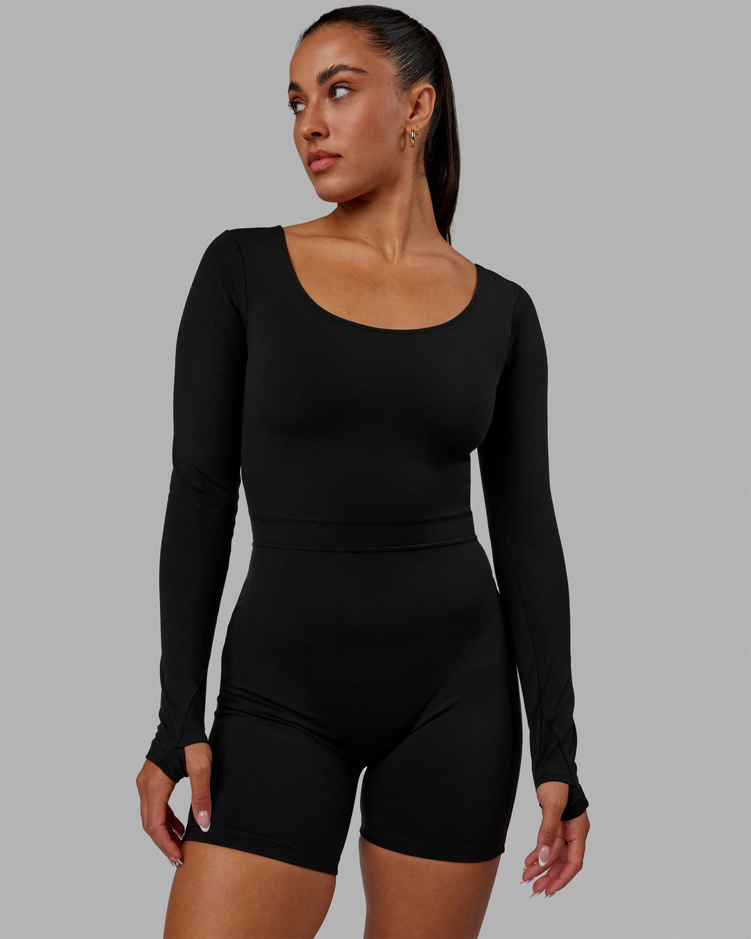 Woman wearing Focus Long Sleeve Bodysuit - Black
