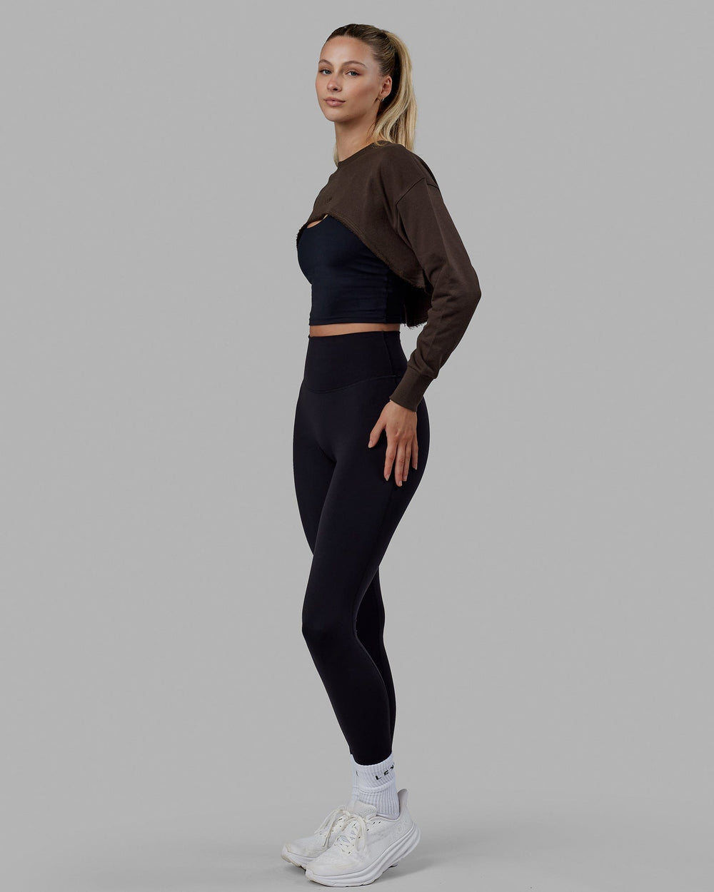 Woman wearing Force Cropped Sweater - Chocolate