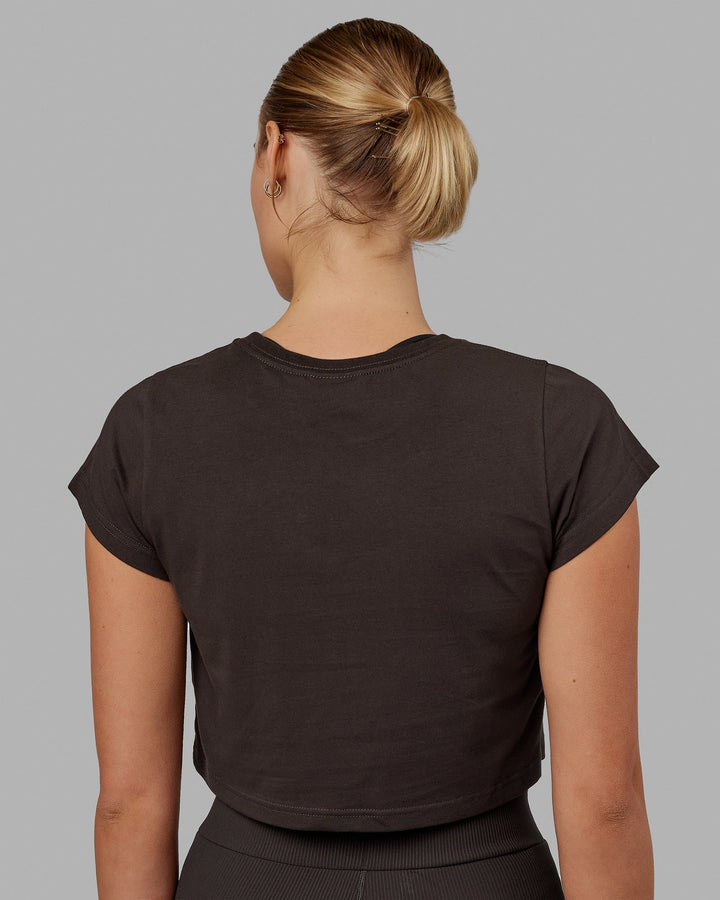 Woman wearing Front Runner Baby Tee - Dark Walnut
