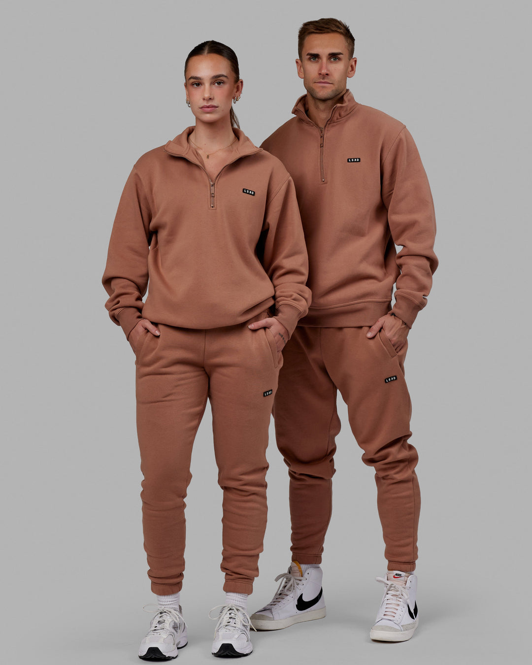 Duo wearing Unisex Fundamental 1/4 Zip Sweater - Raw Umber