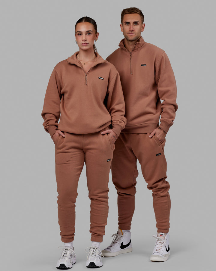 Duo wearing Unisex Fundamental 1/4 Zip Sweater - Raw Umber