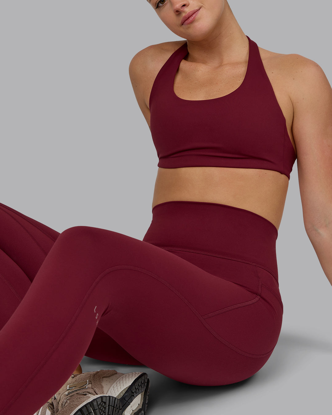 Woman wearing Fusion Ultra High-Rise Full Length Legging Pockets - Cordovan | Model:Chloe | Size:XS