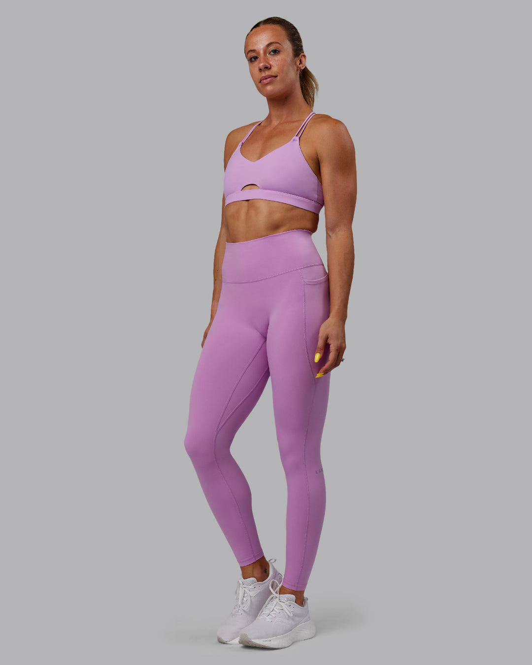 Woman wearing Fusion Ultra High-Rise Full Length Legging Pockets - Light Violet | Model:Bree | Size:S