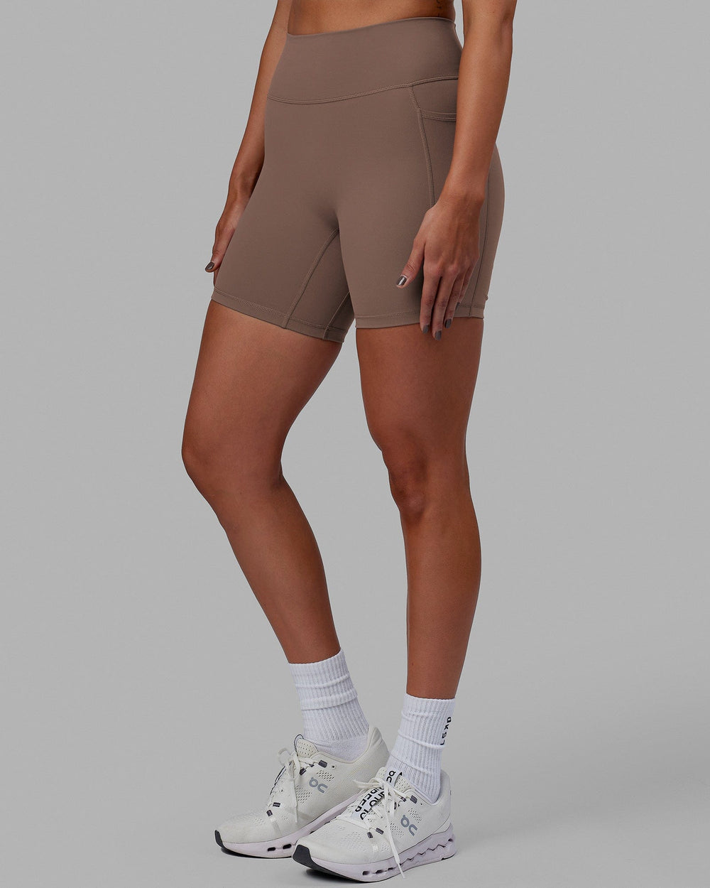 Woman wearing Fusion Mid Short Tight - Deep Taupe