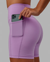 Woman wearing Fusion Ultra High-Rise 6" Short Pockets - Light Violet | Model:Asia | Size:S
