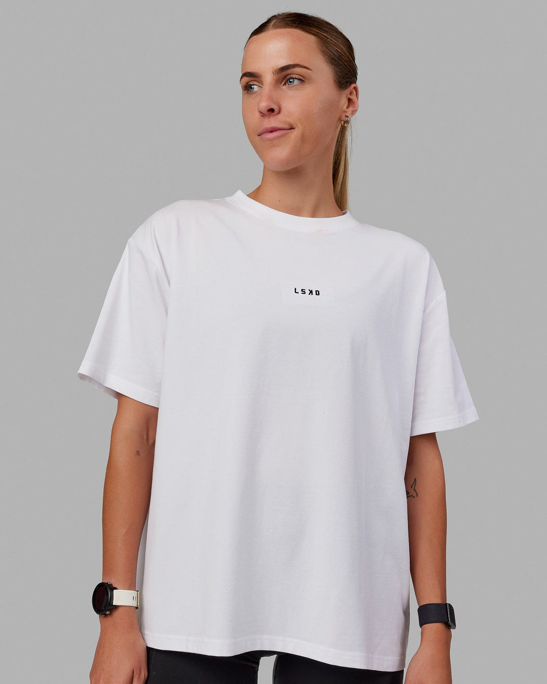 Woman wearing Go-To FLXCotton Oversized Tee - White-Black