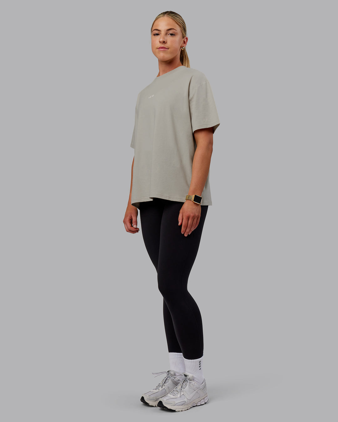 Woman wearing Go-To FLXCotton Oversized Tee - Shale Beige