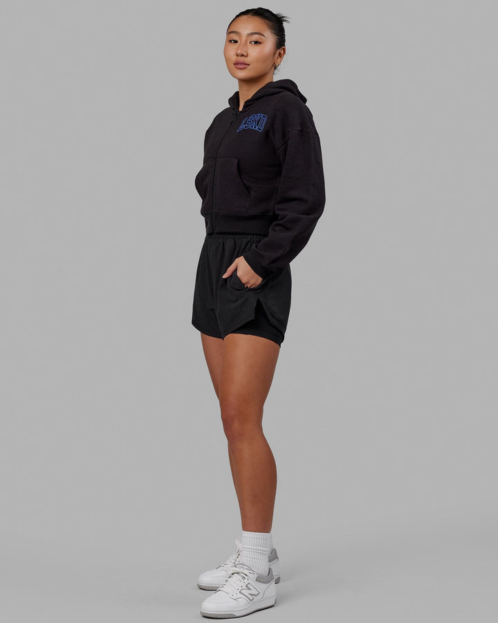 Woman wearing Guild Cropped Hoodie - Black-Power Cobalt