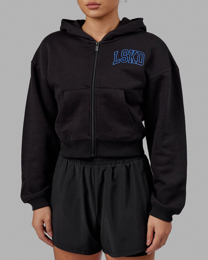 Woman wearing Guild Cropped Hoodie - Black-Power Cobalt