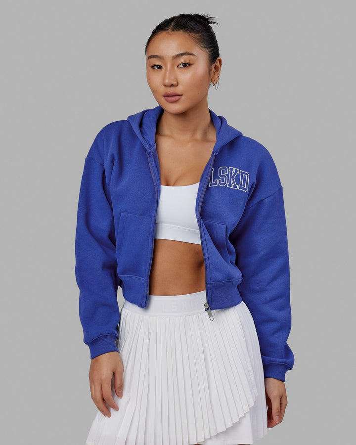 Woman wearing Guild Cropped Hoodie - Power Cobalt-White