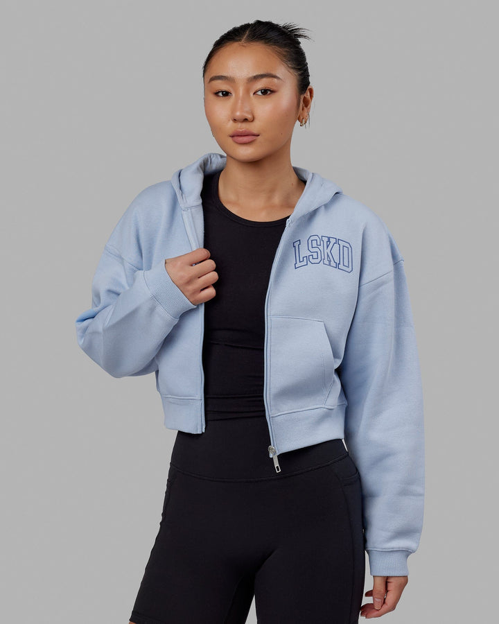 Woman wearing Guild Cropped Hoodie - Windsurfer-Power Cobalt