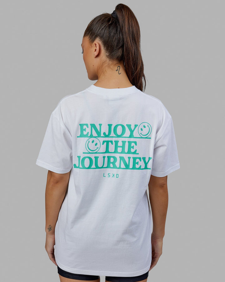 Woman wearing Unisex Journey Tee Oversize - White