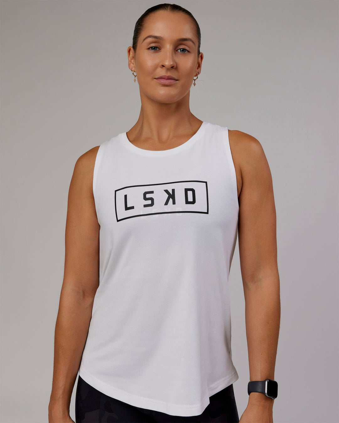 Woman wearing Luna FLXCotton Longline Tank - White-Black