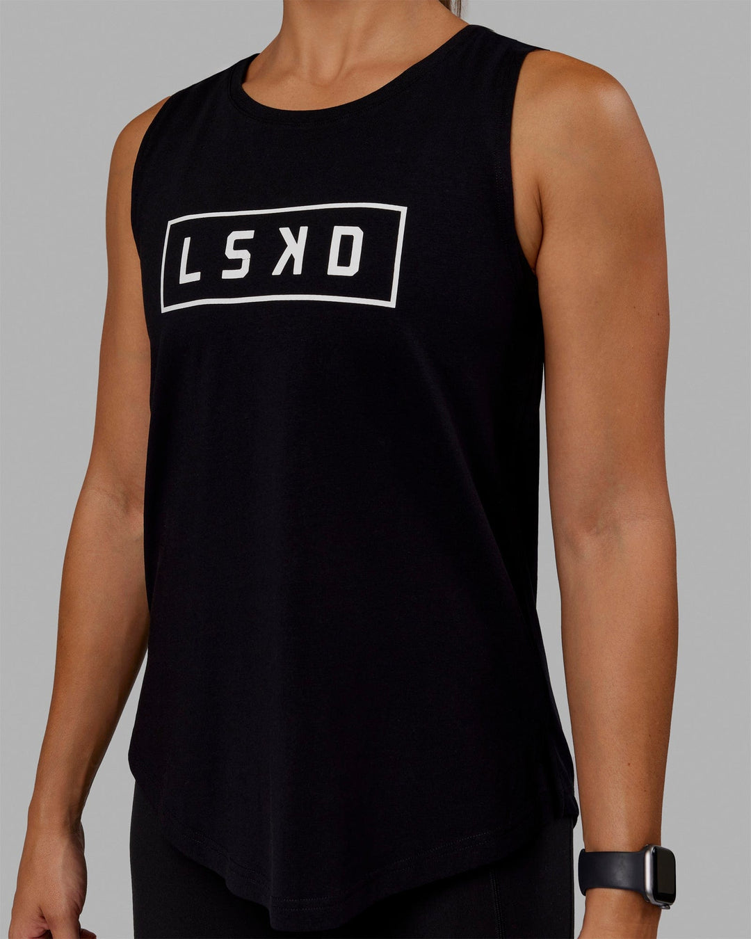 Woman wearing Luna FLXCotton Longline Tank - Black-White