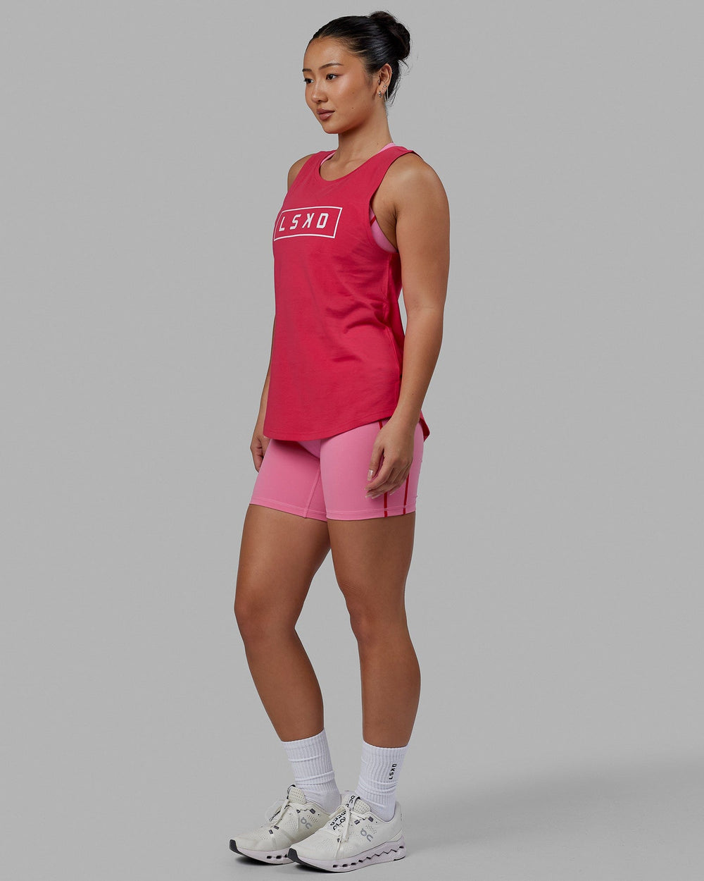 Woman wearing Luna Tank - Raspberry-White