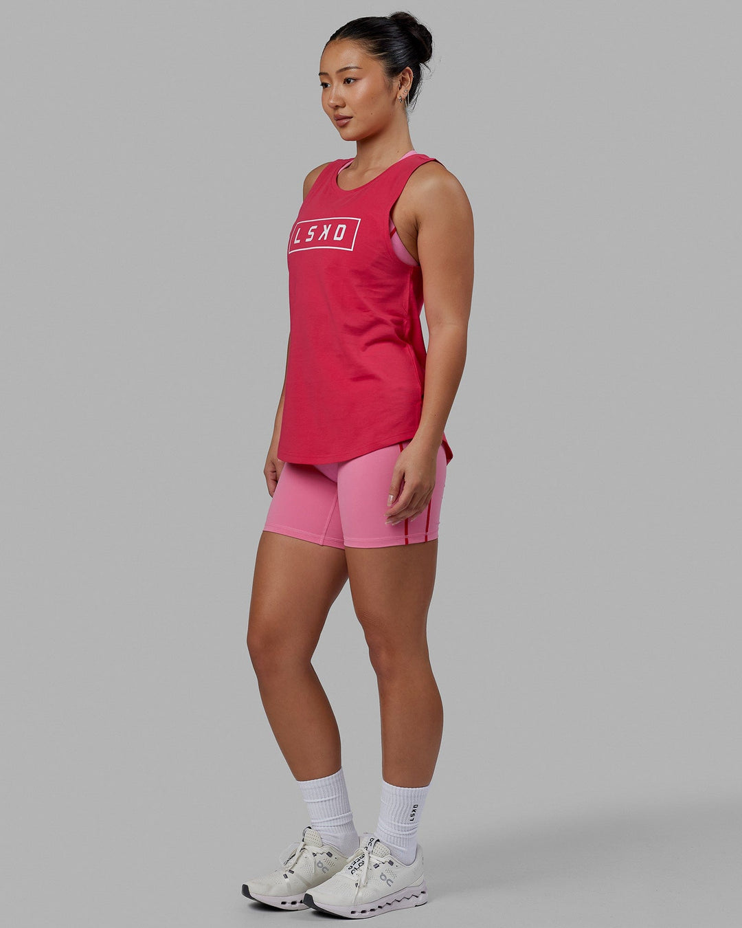 Woman wearing Luna Tank - Raspberry-White