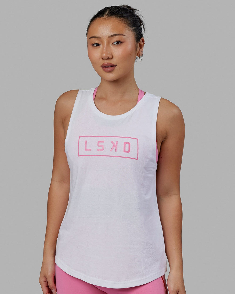 Woman wearing Luna Tank - White-Pink Rose