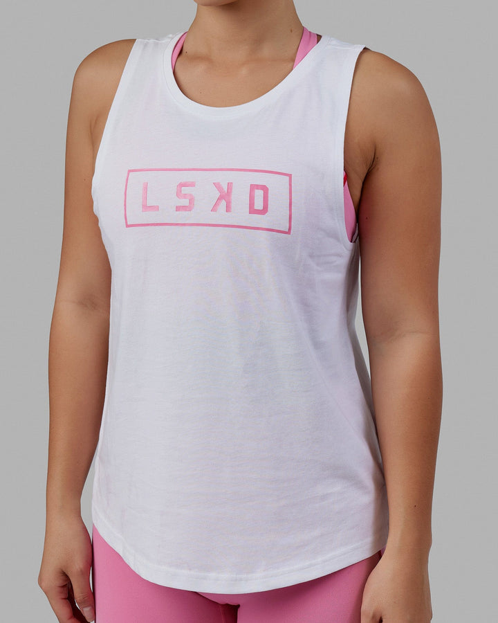 Woman wearing Luna Tank - White-Pink Rose